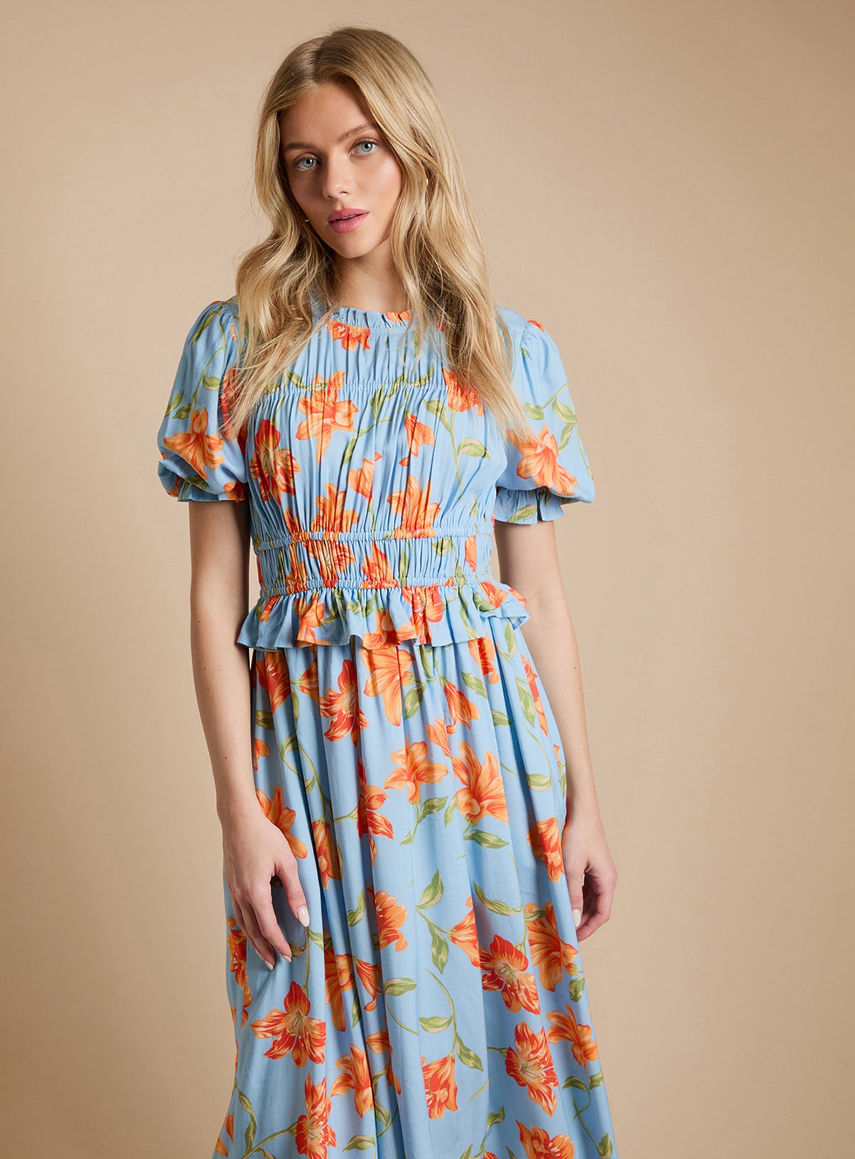 DOROTHY PERKINS Shirred Bodice Frill Midi Dress 10 - Image 4 thumbnail